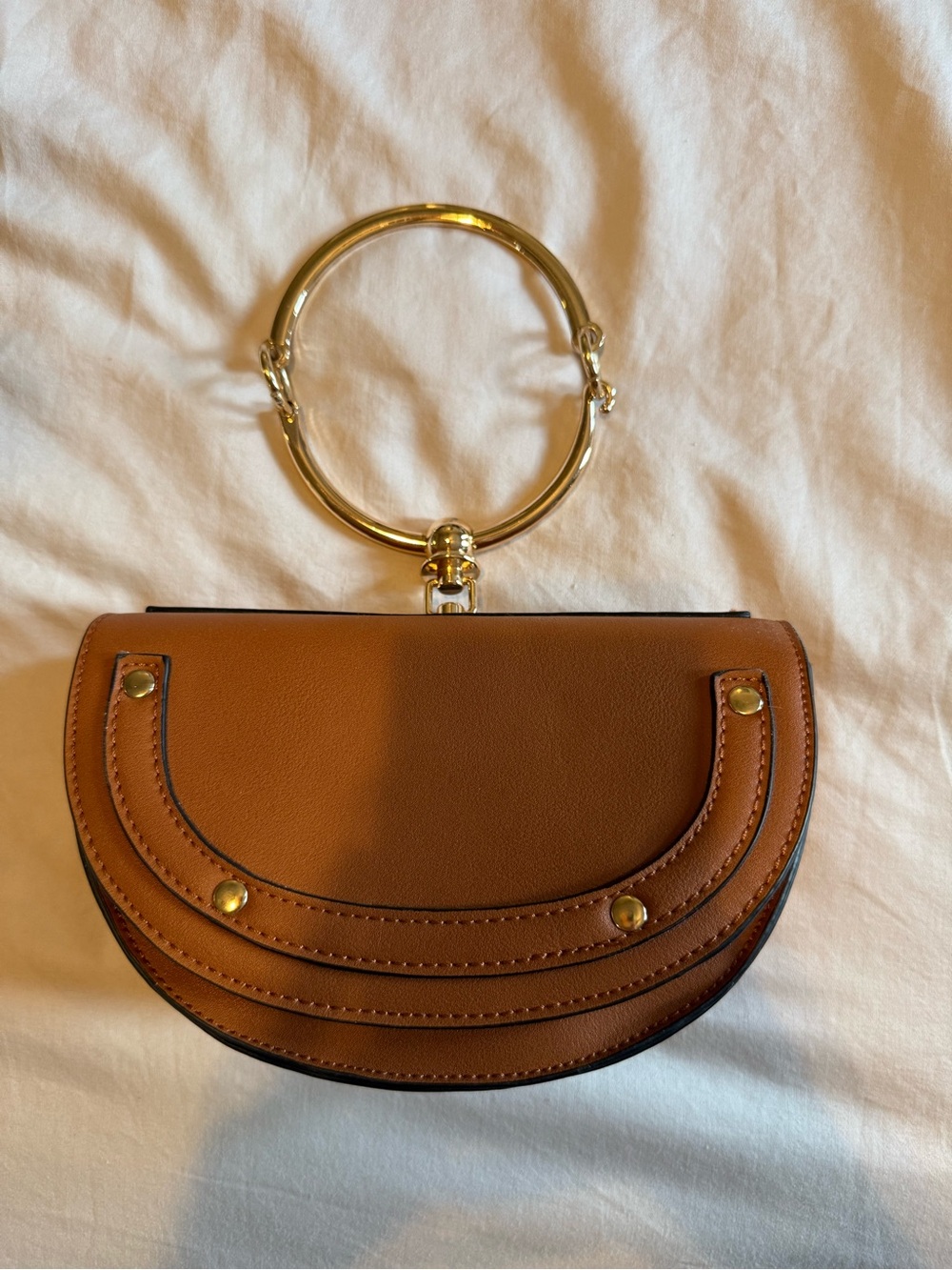 Women’s Brown Leather Wristlet Bag with Gold Ring Handle